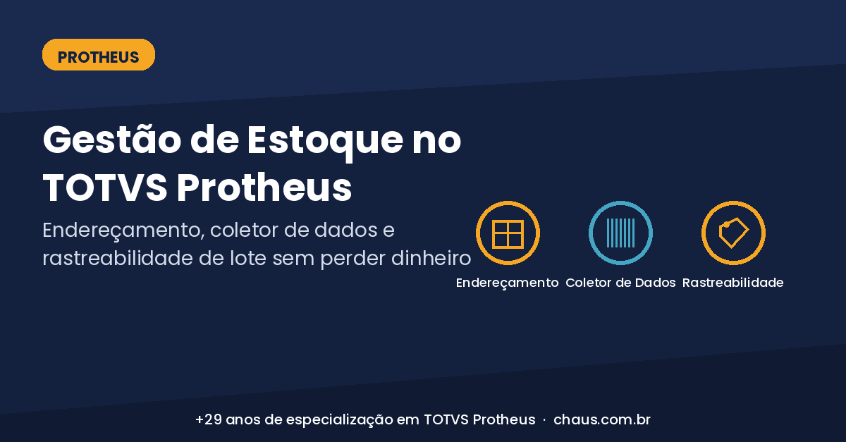 Banner azul escuro com o título Gestão de Estoque no TOTVS Protheus e três ícones: endereçamento, coletor de dados e rastreabilidade de lote.